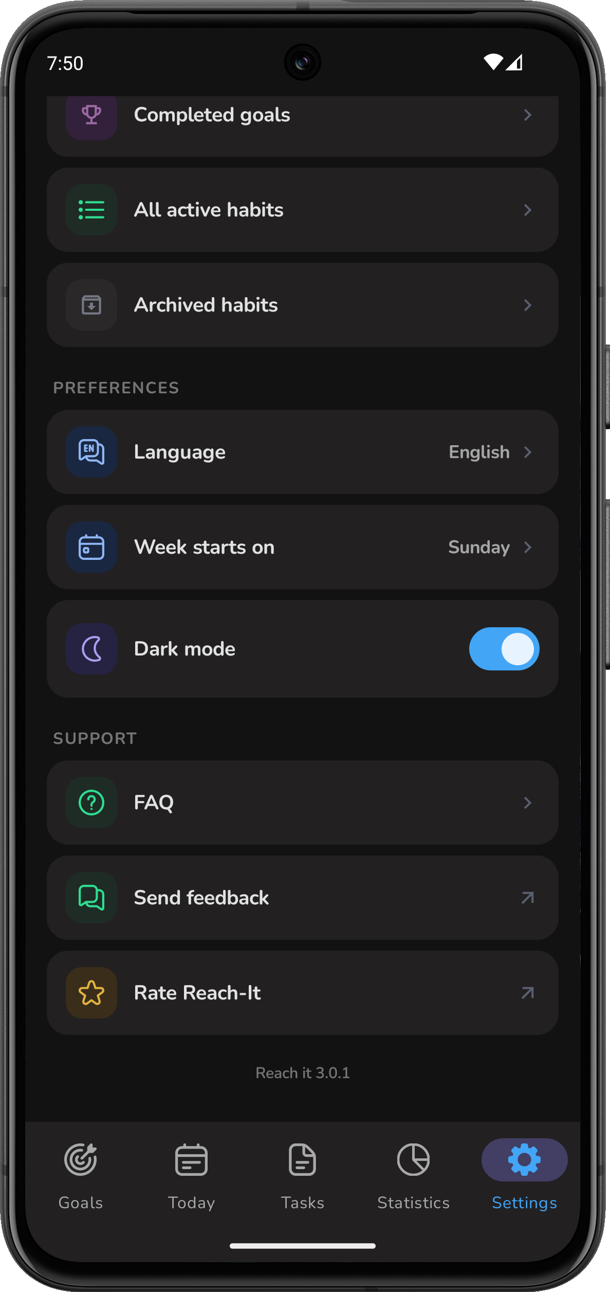 Settings in dark mode
