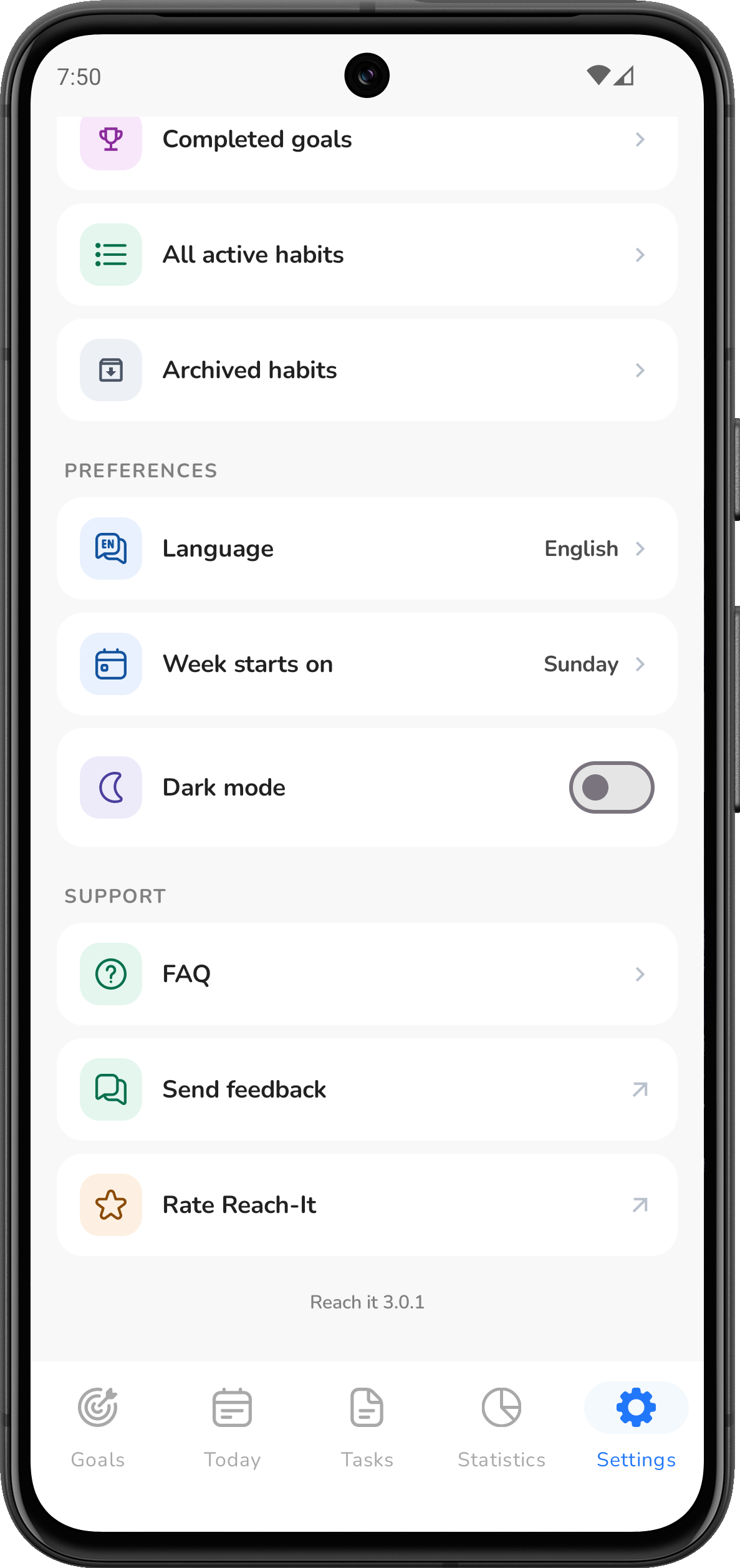 Settings in light mode